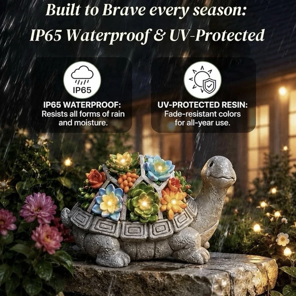 Nacome Solar TURTLE Garden Statue 7 LED Lights Succulent Patio Yard Decor - NEW